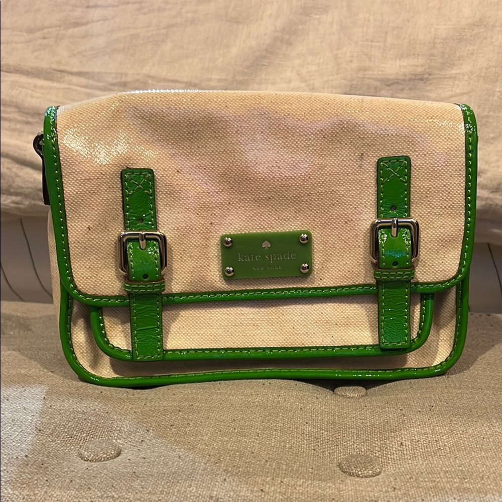 Kate Spade Cream and Green Messenger Bag with Flap Closure